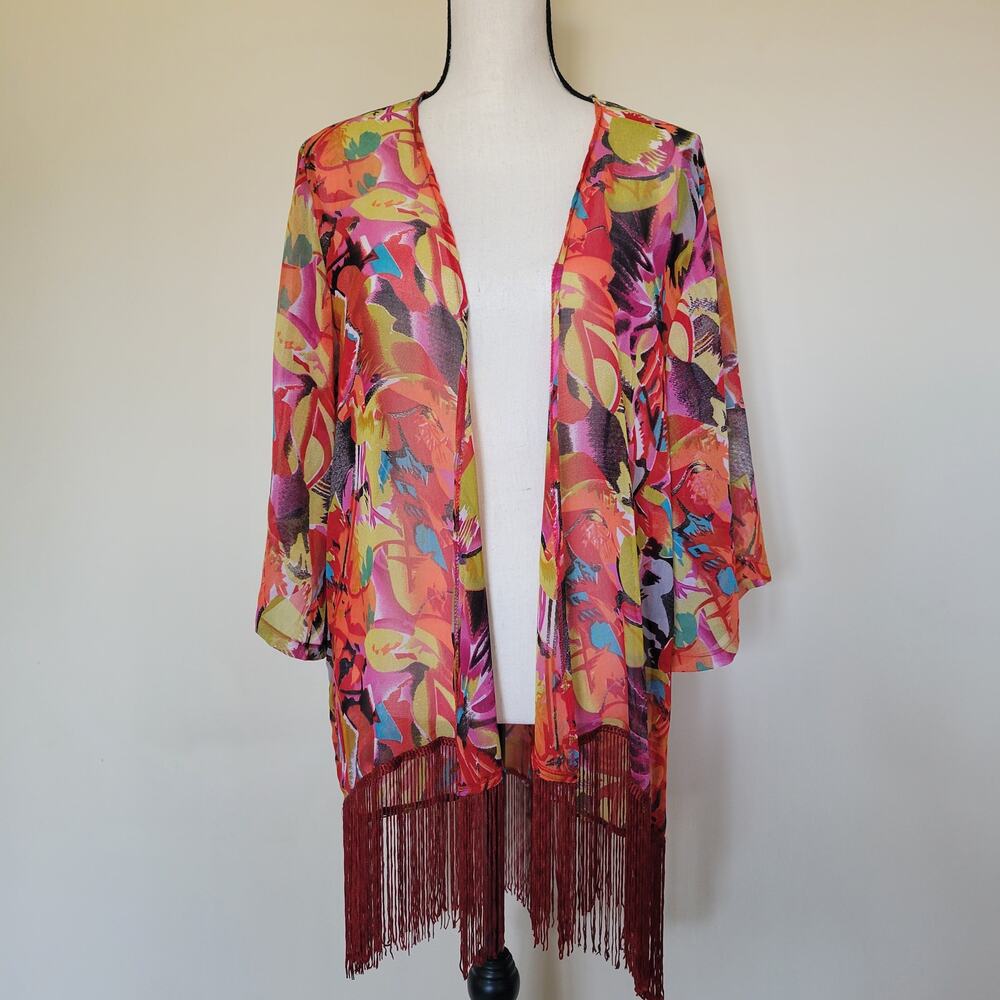 Style House Size M/L Boho Kimono Topper Coverup Fringe Sheer Open Front